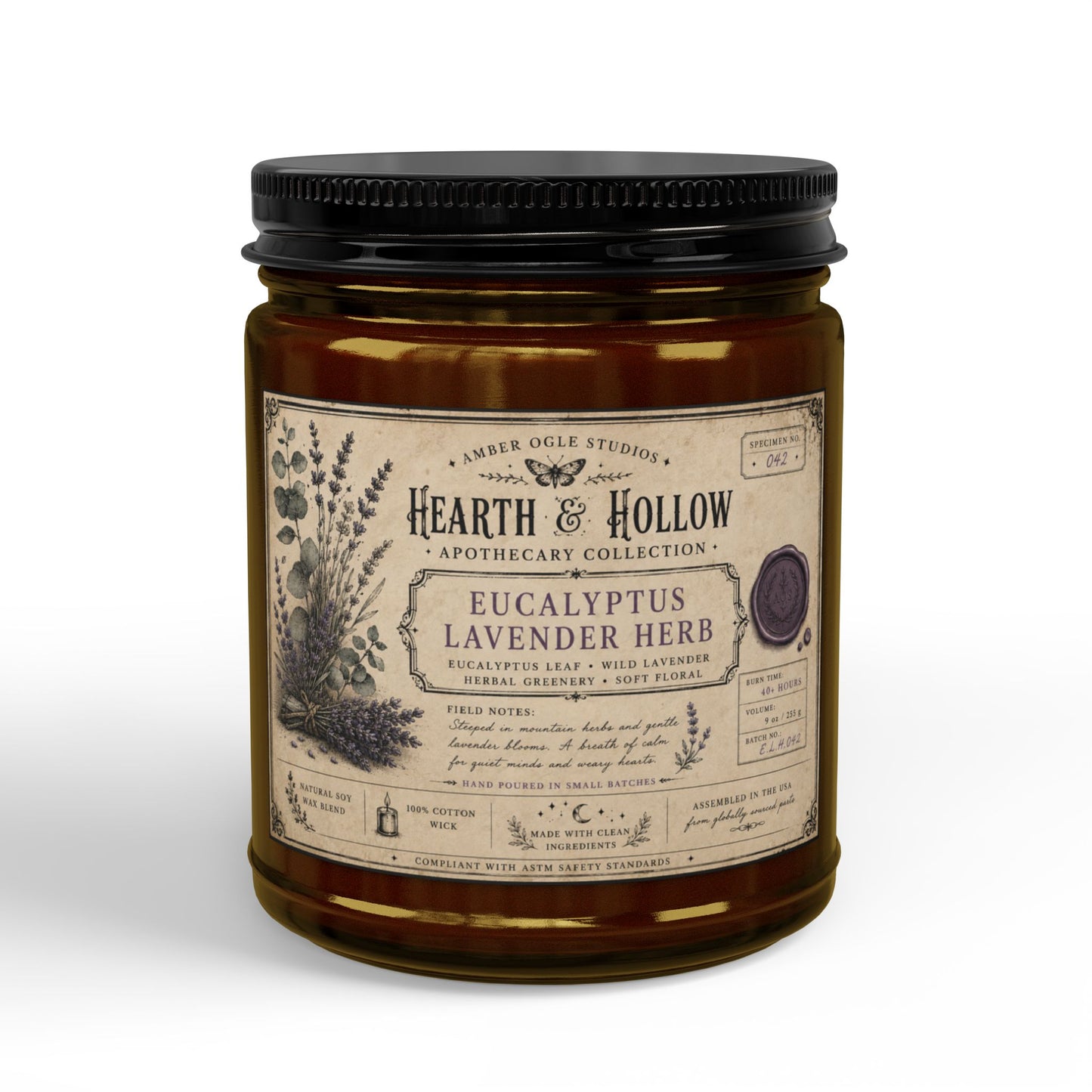 Eucalyptus Lavender Herb Soy Candle — 4oz & 9oz Amber Jar with Black Lid