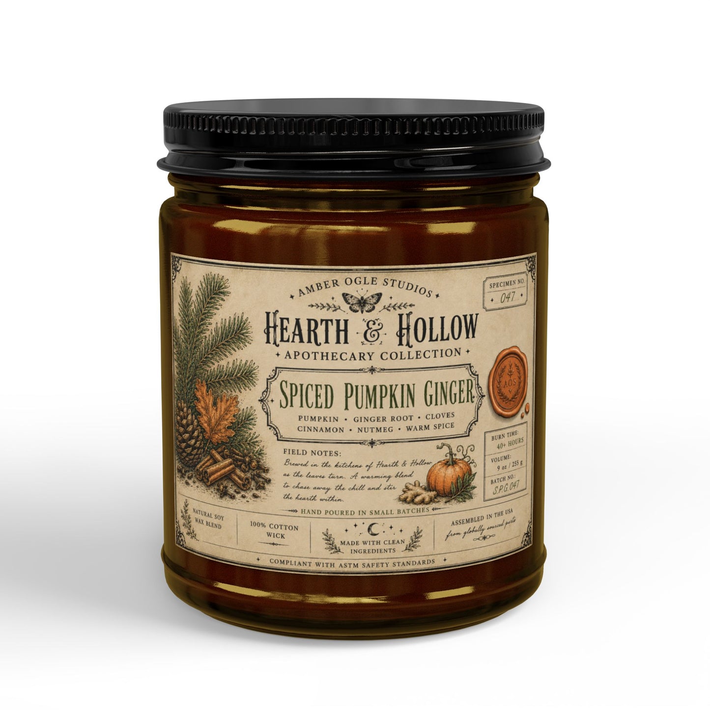 Spiced Pumpkin Ginger Soy Candle — 4oz & 9oz Amber Jar with Black Lid