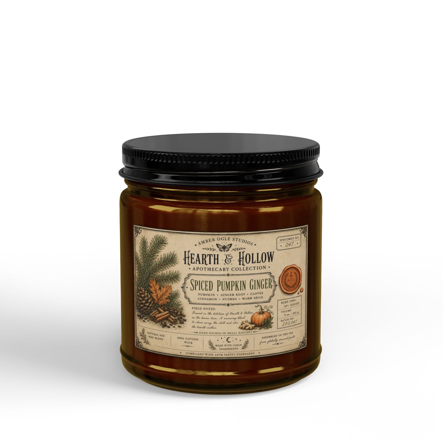 Spiced Pumpkin Ginger Soy Candle — 4oz & 9oz Amber Jar with Black Lid