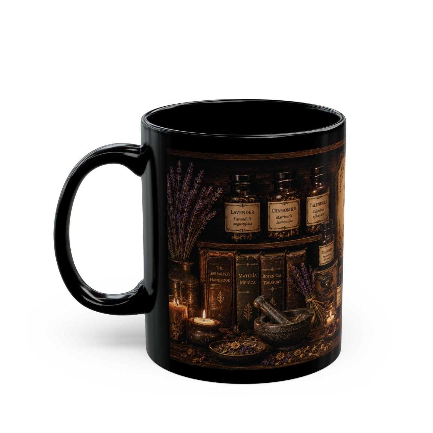 Herbal Apothecary Black Mug — "Where every remedy begins with patience" (11oz/15oz)