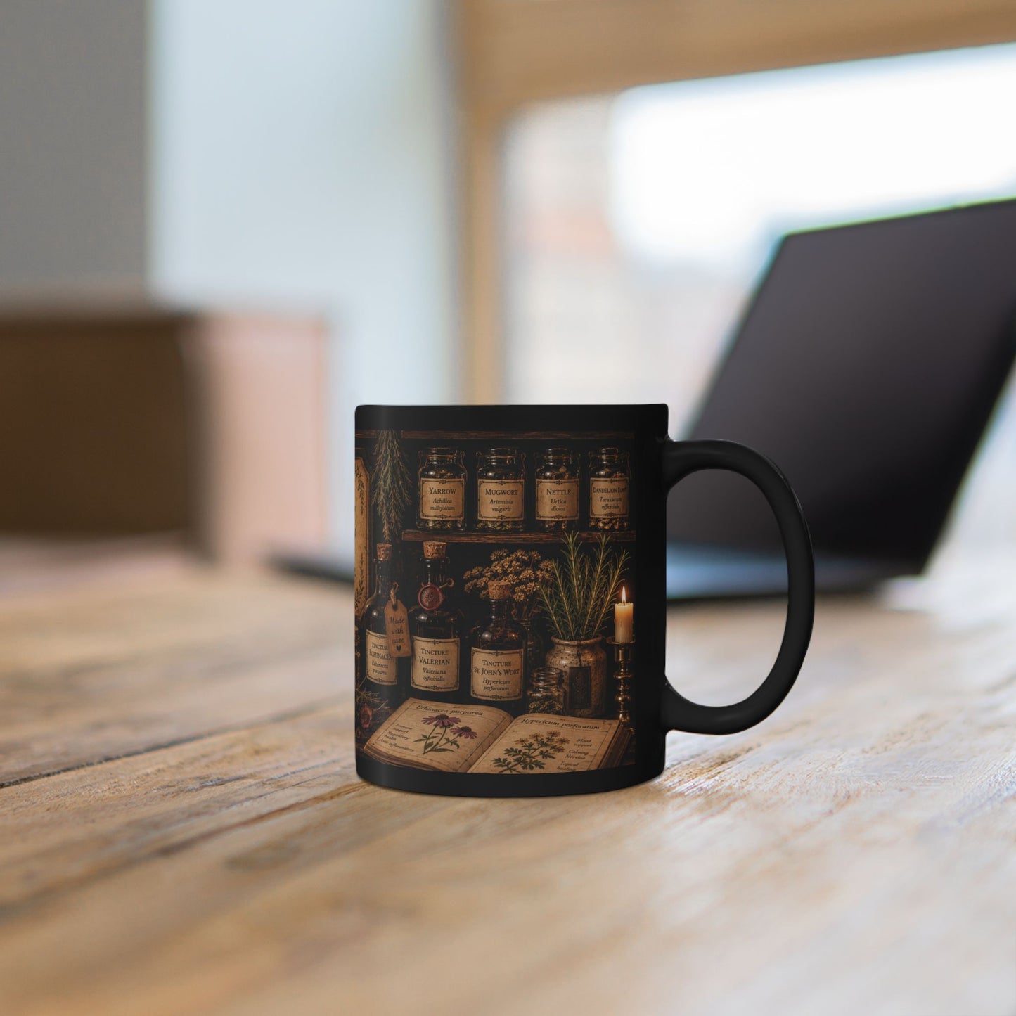 Herbal Apothecary Black Mug — "Where every remedy begins with patience" (11oz/15oz)