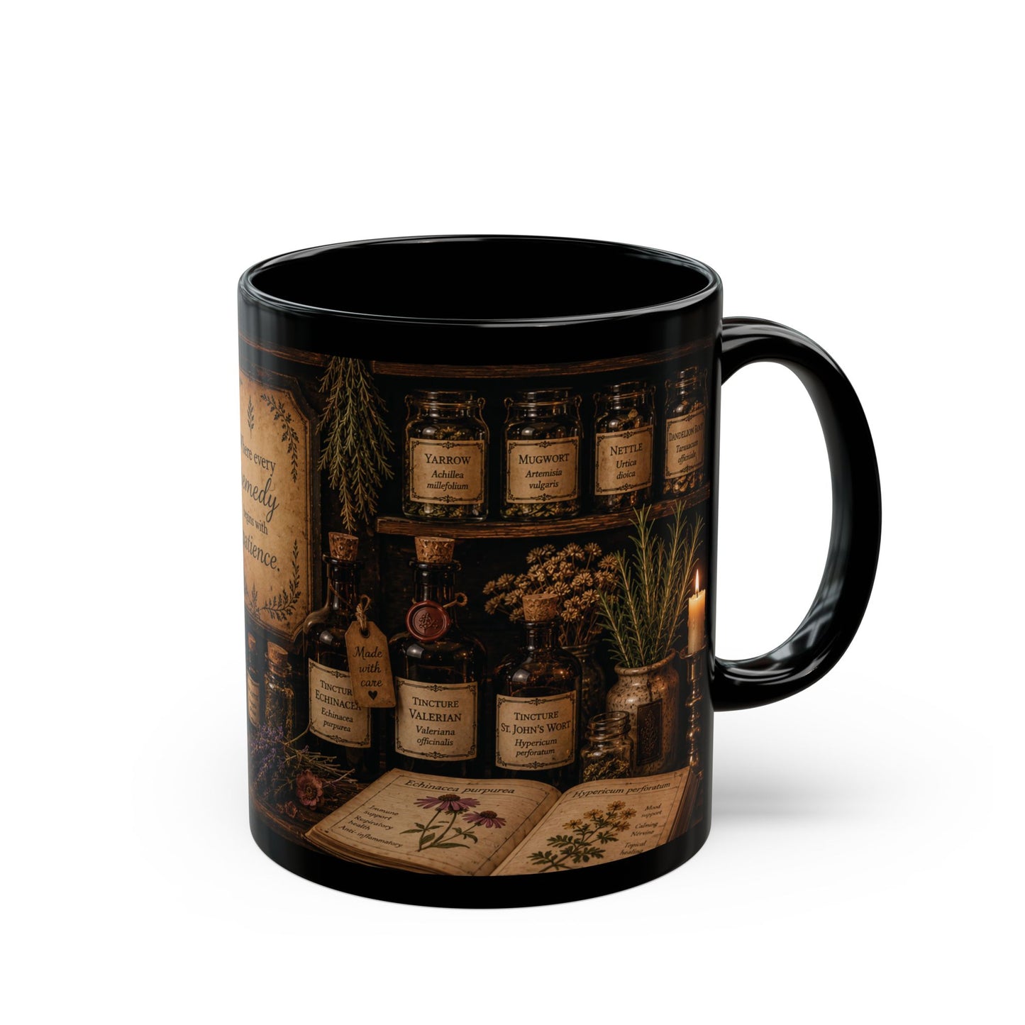 Herbal Apothecary Black Mug — "Where every remedy begins with patience" (11oz/15oz)