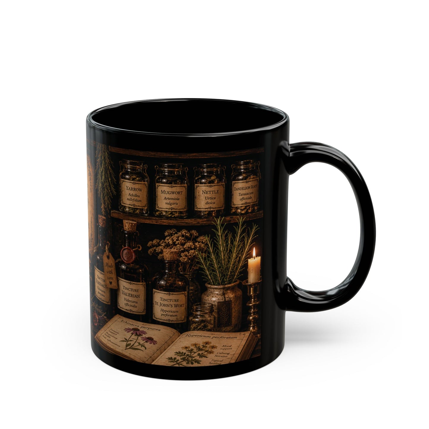 Herbal Apothecary Black Mug — "Where every remedy begins with patience" (11oz/15oz)