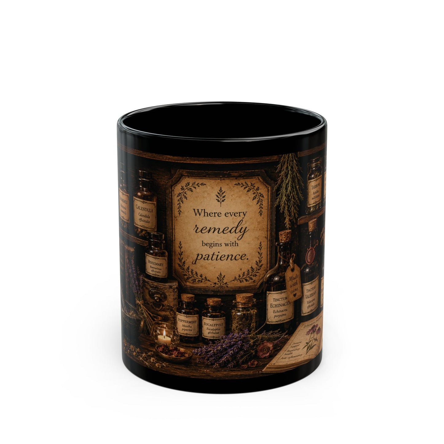 Herbal Apothecary Black Mug — "Where every remedy begins with patience" (11oz/15oz)