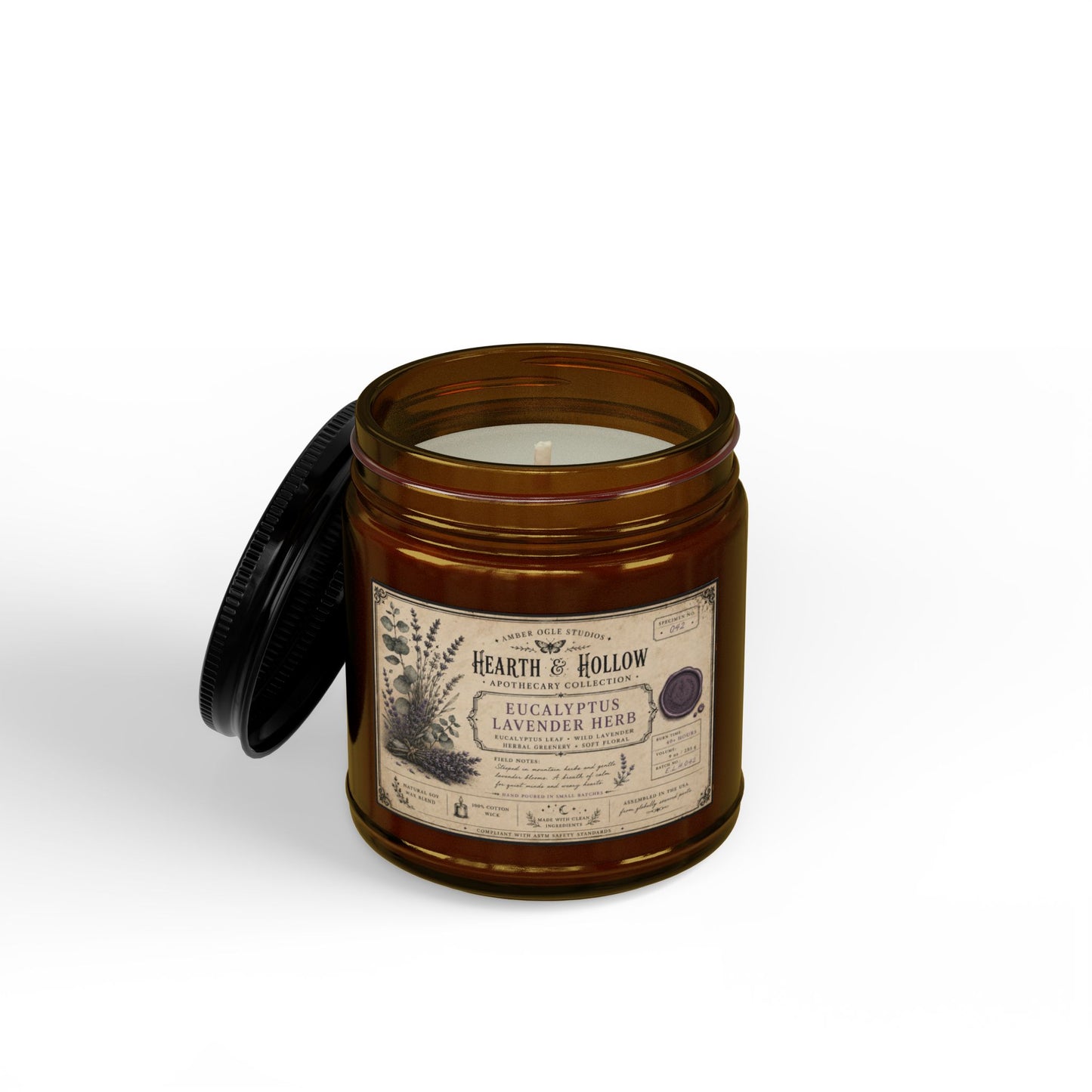 Eucalyptus Lavender Herb Soy Candle — 4oz & 9oz Amber Jar with Black Lid