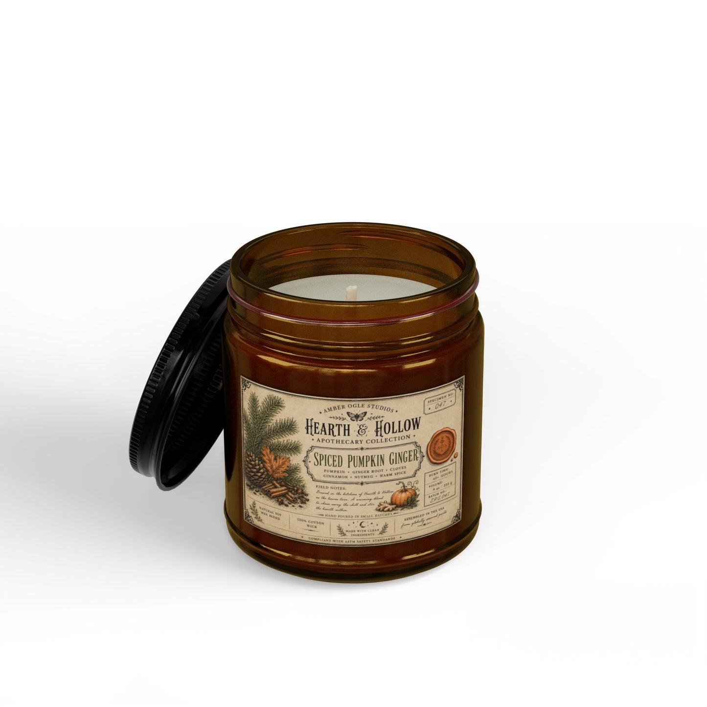 Spiced Pumpkin Ginger Soy Candle — 4oz & 9oz Amber Jar with Black Lid