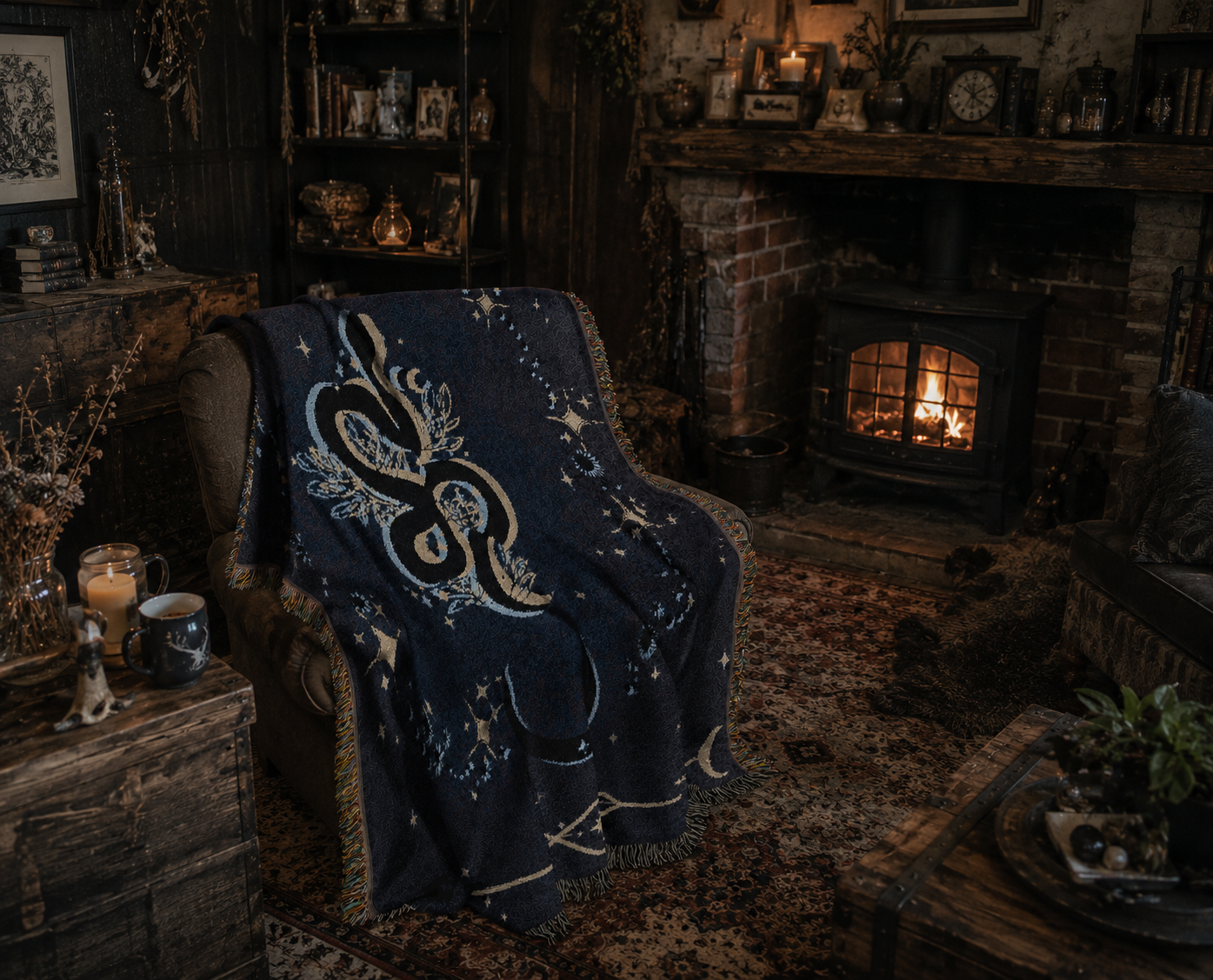 Celestial Serpent Woven Blanket — Starry Moon Boho Throw