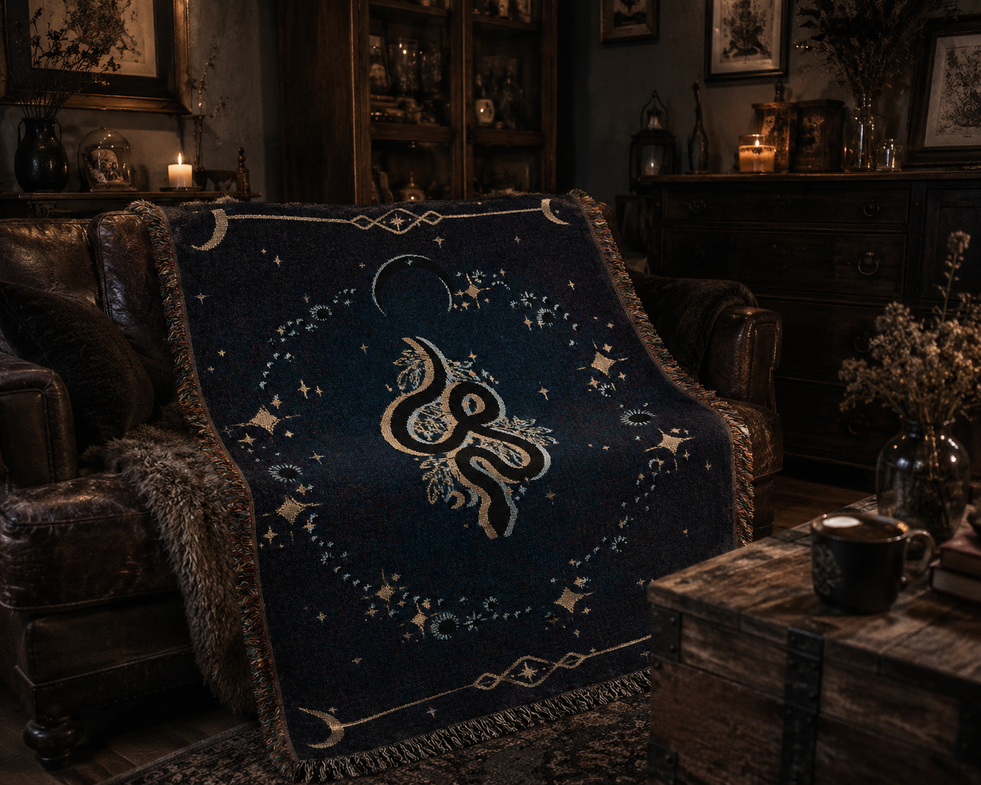 Celestial Serpent Woven Blanket — Starry Moon Boho Throw
