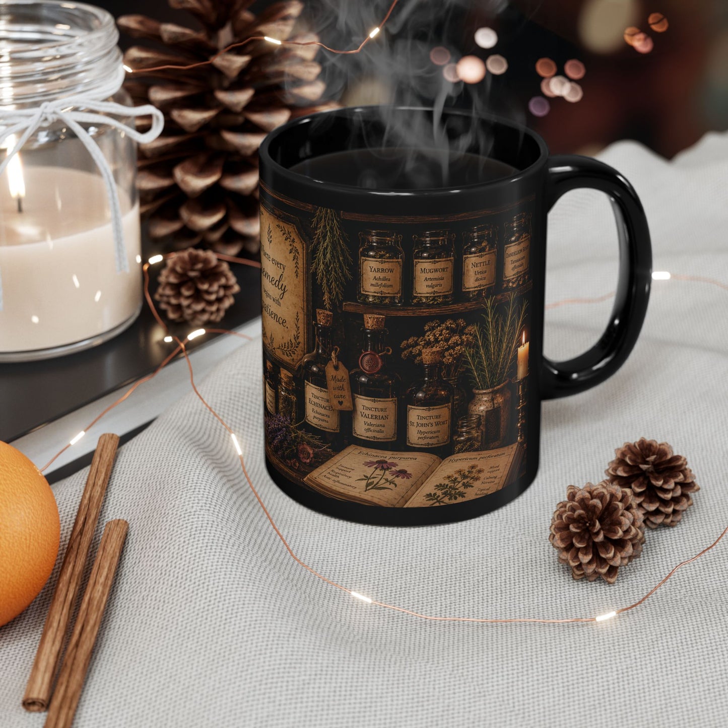 Herbal Apothecary Black Mug — "Where every remedy begins with patience" (11oz/15oz)