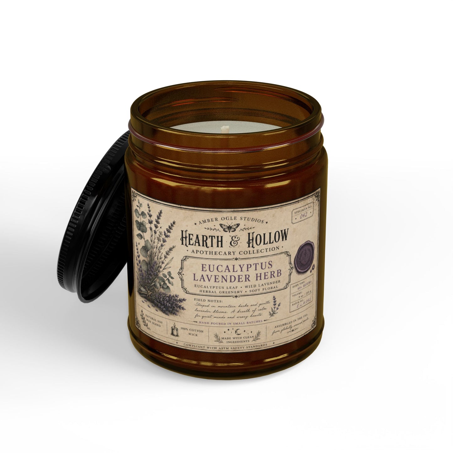 Eucalyptus Lavender Herb Soy Candle — 4oz & 9oz Amber Jar with Black Lid
