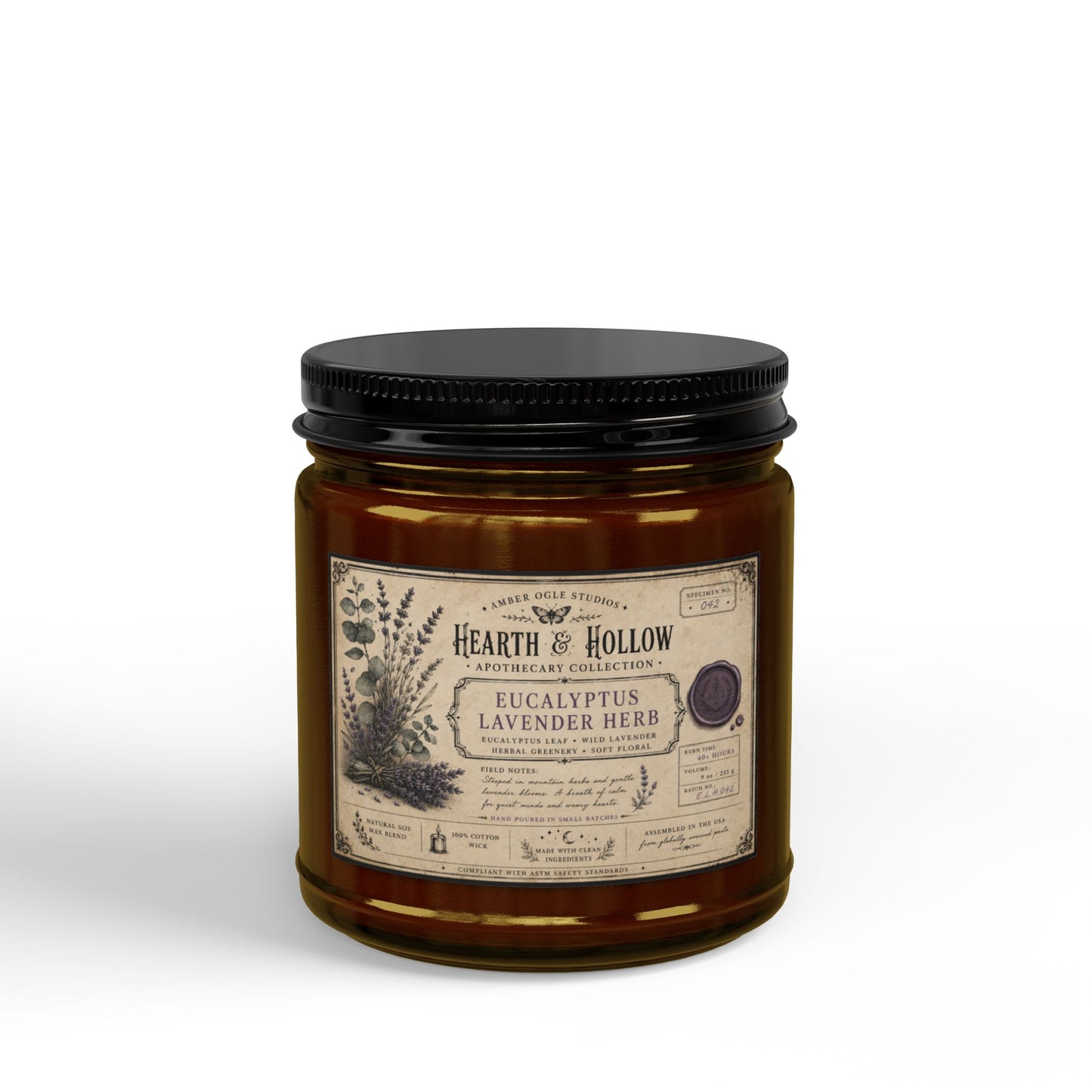 Eucalyptus Lavender Herb Soy Candle — 4oz & 9oz Amber Jar with Black Lid