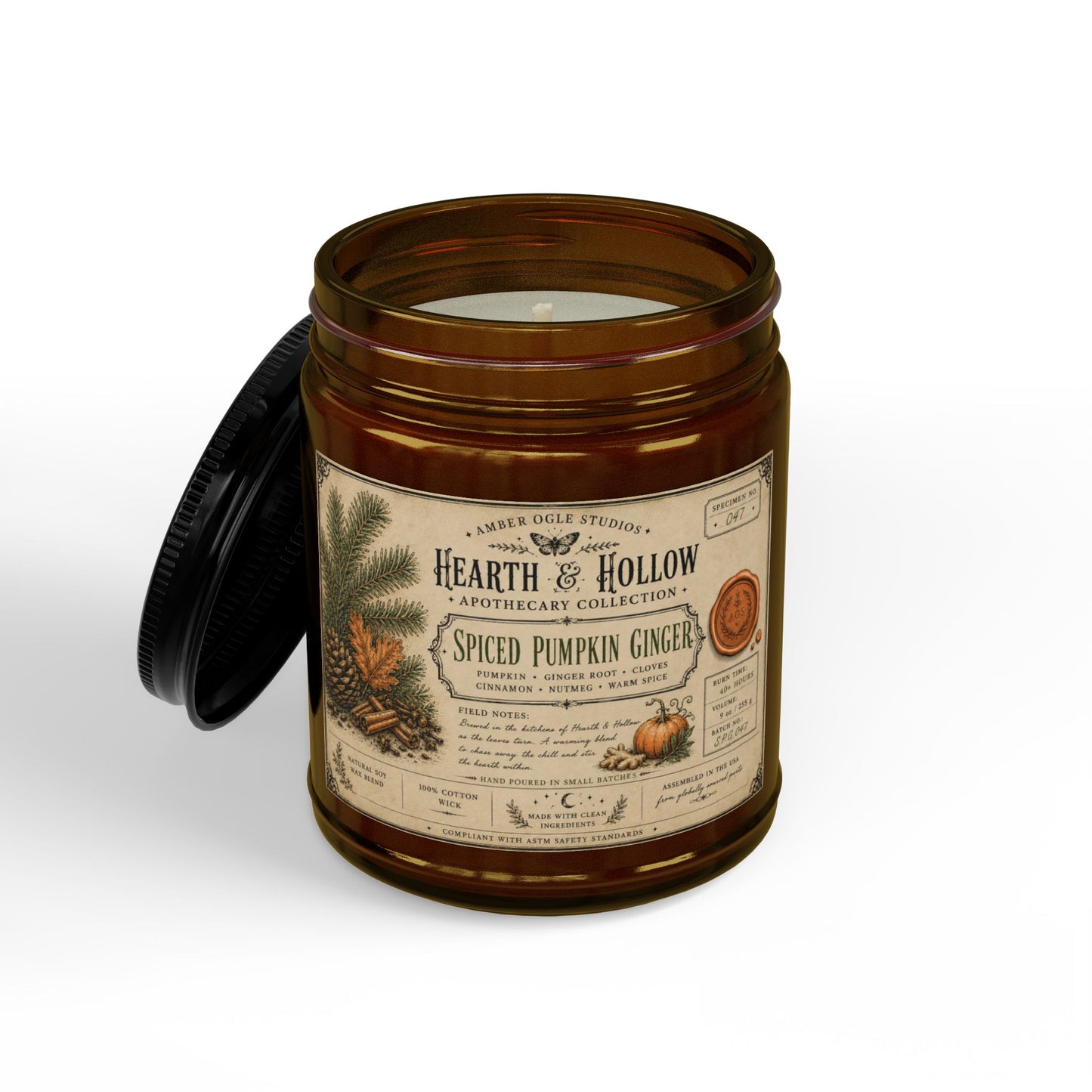 Spiced Pumpkin Ginger Soy Candle — 4oz & 9oz Amber Jar with Black Lid
