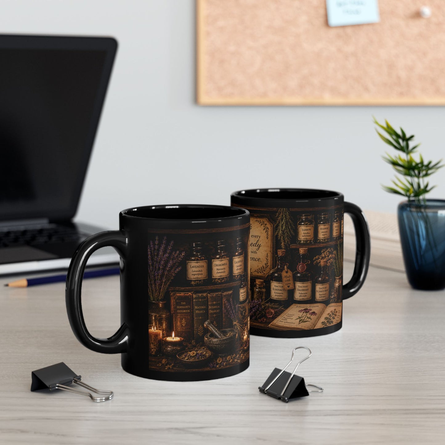 Herbal Apothecary Black Mug — "Where every remedy begins with patience" (11oz/15oz)